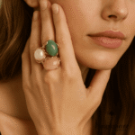 Vibrante anillo de acero inoxidable, piedras semipreciosas y baño oro 18 k.