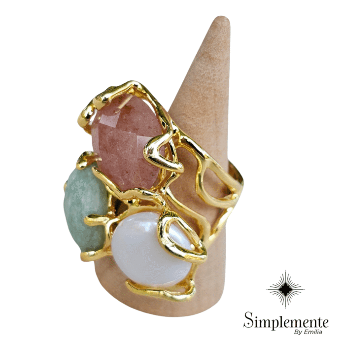 Vibrante anillo de acero inoxidable, piedras semipreciosas y baño oro 18 k. - Image 2