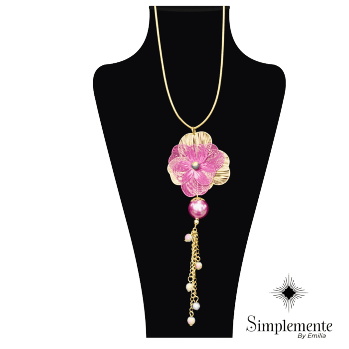Collar largo bronce con baño oro 24 k., con perla de cristal, delicada flor morada de filigrana, y vidrio drusa. - Image 3
