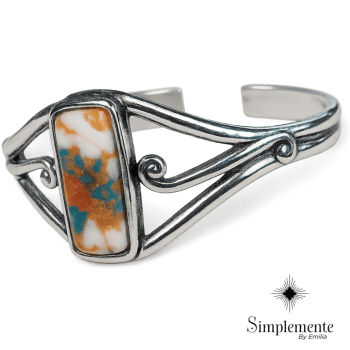 Pulsera con aleación de metales, y piedras semipreciosasa, baño de plata. - Image 2