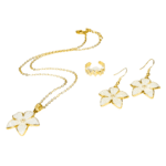 Set de collar, aretes y anillo de aleación de metales con delicado diseño de flor pintados con acrílico blanco. - Image 2