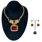 LLamativo juego dorado de collar y aretes, con cristales rojos, aleación de zinc. - Image 2