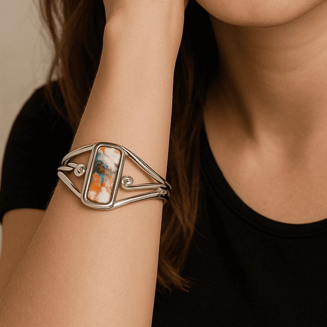 P-1500I Pulsera con aleación de metales y piedras semipreciosasa, baño de plata. - Image 1