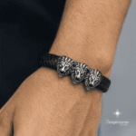 Inusual brazalete de hombre de acero inoxidable y cuero negro, 1cm ancho.